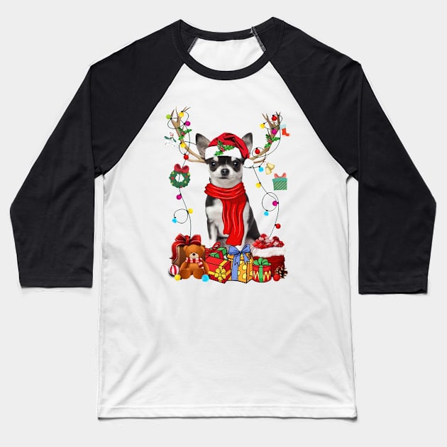 Black Chihuahua Reindeer Santa Christmas Color Lights Baseball T-Shirt by sueannharley12